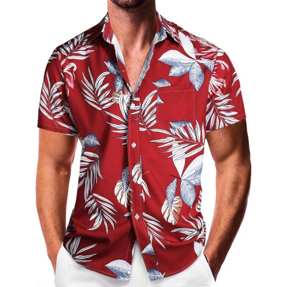 Mens Hawaiian Shirt Tropical Leaf Print Short Sleeve Button Down Casual Red - Picture 1 of 6